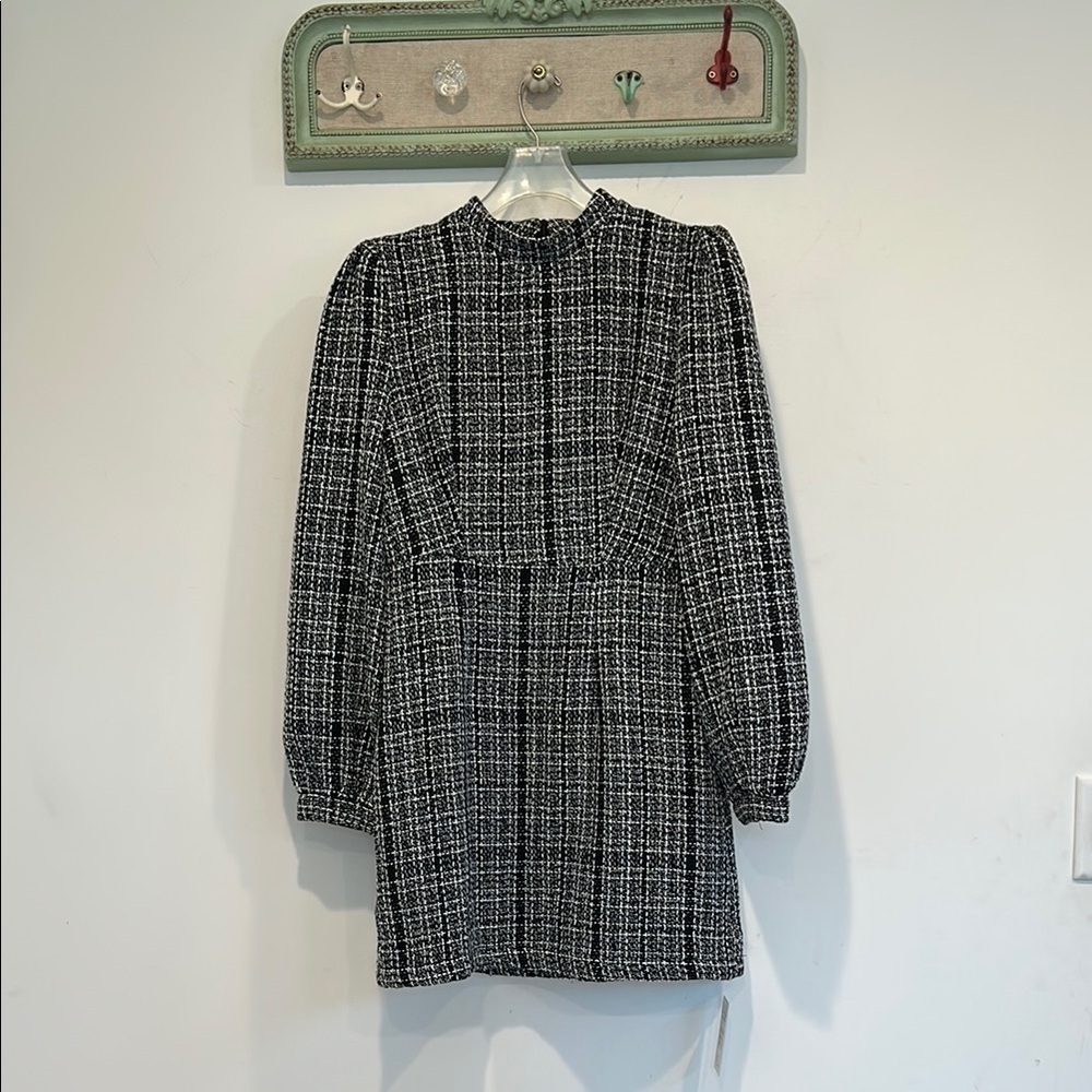 Cupshe classic coco tweed Elegant Black and White long sleeve mini Dress medium